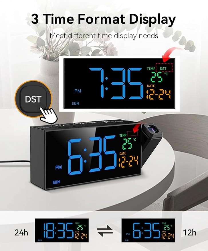 Netzu Projection Clock for Bedroom Ceiling, Digital Clocks with 180° Rotatable Projector, Date Temperature and Weekday Blue