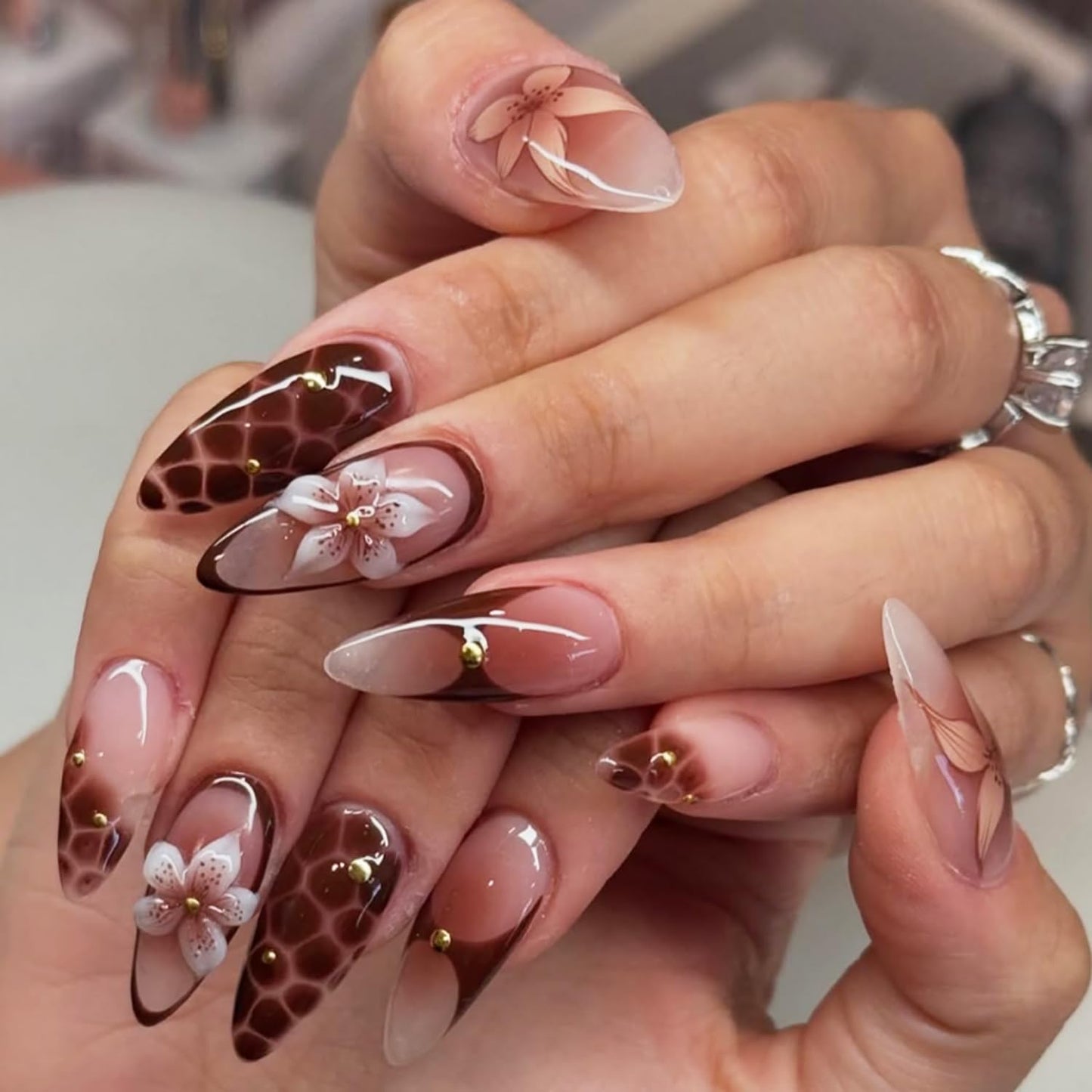 French Tip Press on Nails Medium Almond 3D Summer Flower Fake Nails with Glue Gold Beads Stick on Nails Full Cover Brown Glossy Acrylic False Nails for Women DIY Manicure Decoration 24PCS