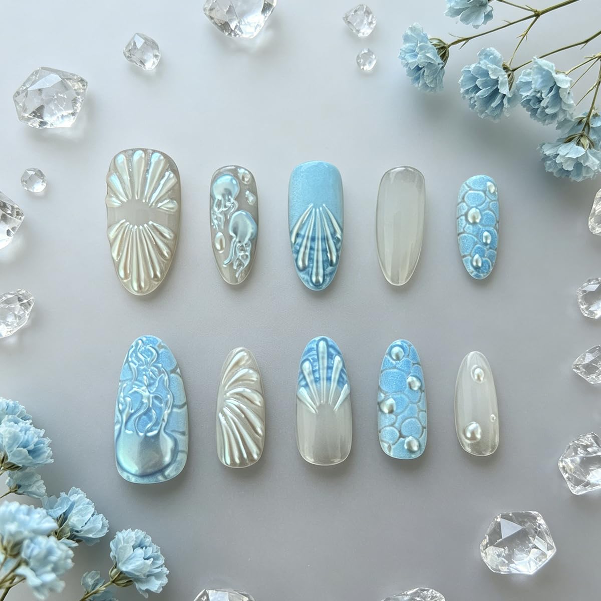 3D Press On Nails Almond Medium Light Blue Fake Nails with Embossed Fan-Shaped Pattern Pearl Embellishment Designs, Acrylic Artificial Nail Press ons False Stick On Nails for Women Girls 30Pcs