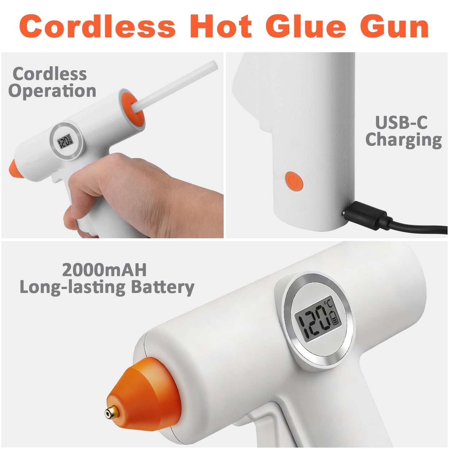 Tendak Cordless Hot Glue Gun with 20 Glue Sticks, Fast Preheating & Rechargeable Hot Melt with LED Display and Battery Indicator Light, Mini Glue Gun for School Crafts DIY Arts and Quick Home Repairs