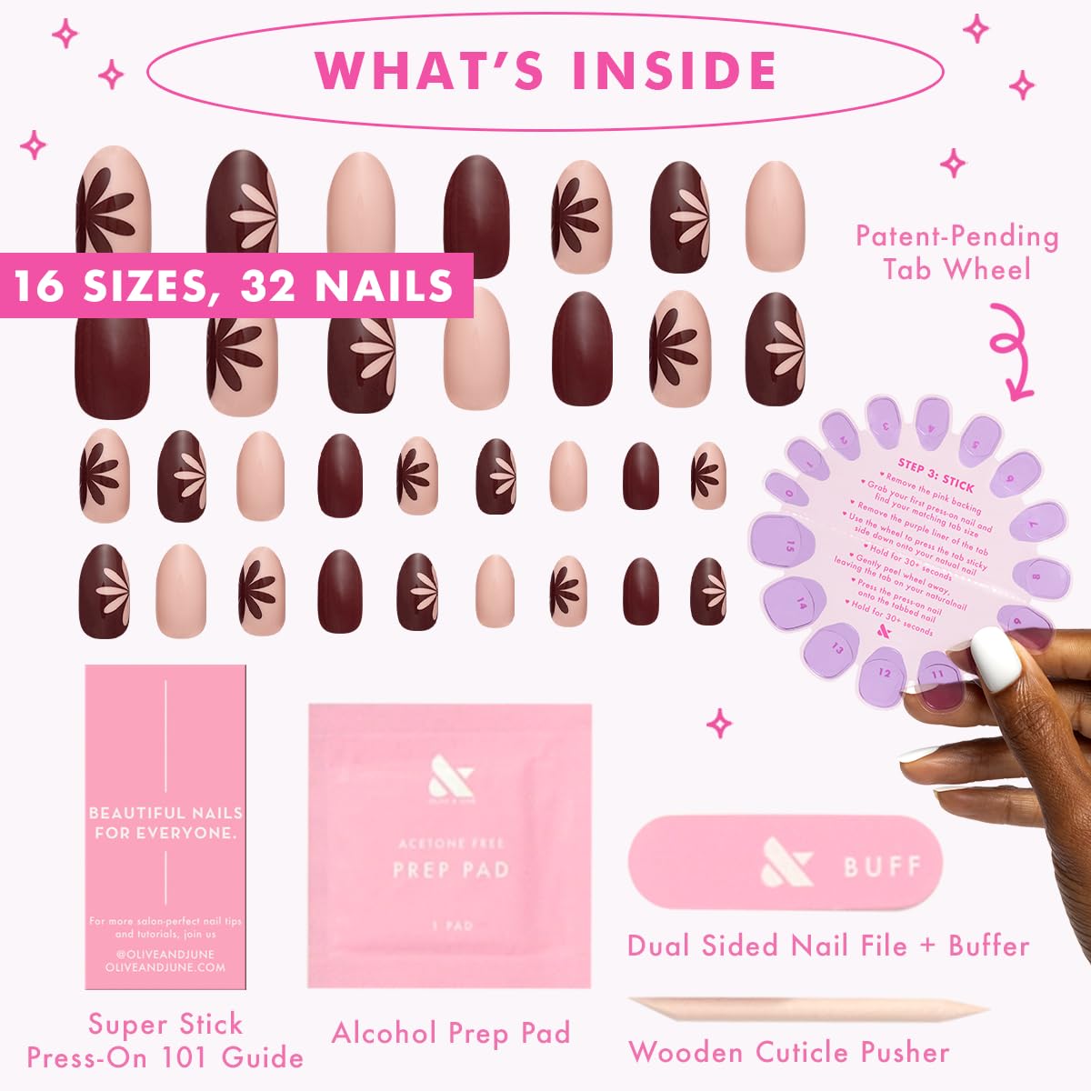Olive & June Classic Super Stick Mani Press On Nails | No Glue Needed | 32 Tab Nails 16 Sizes | Non-Toxic Tabs Easy On-Off Non-Damaging Realist Look | 7-Day Wear | Medium, Oval |Big Duo Toned Flowers