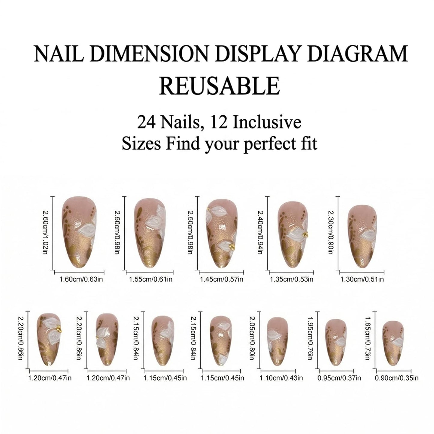 IMRAIN Almond Press on Nails, Medium Fake Nails, Cat Eye 3D White Flower Gold Leaf Design, 24 Pcs Reusable Glue on Nails for Women, Salon Quality