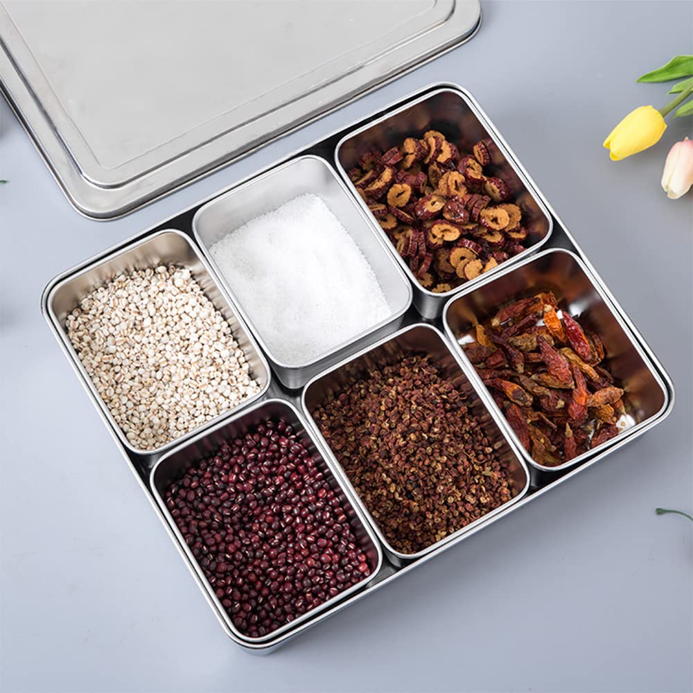 Stainless Steel Seasoning Box with Lid and Holder Tray, 6 Compartments Rectangle Masala Dabba Spice Container, Indian Masala Box Organizer Set for Kitchen Condiment Storage (6 Compartments)