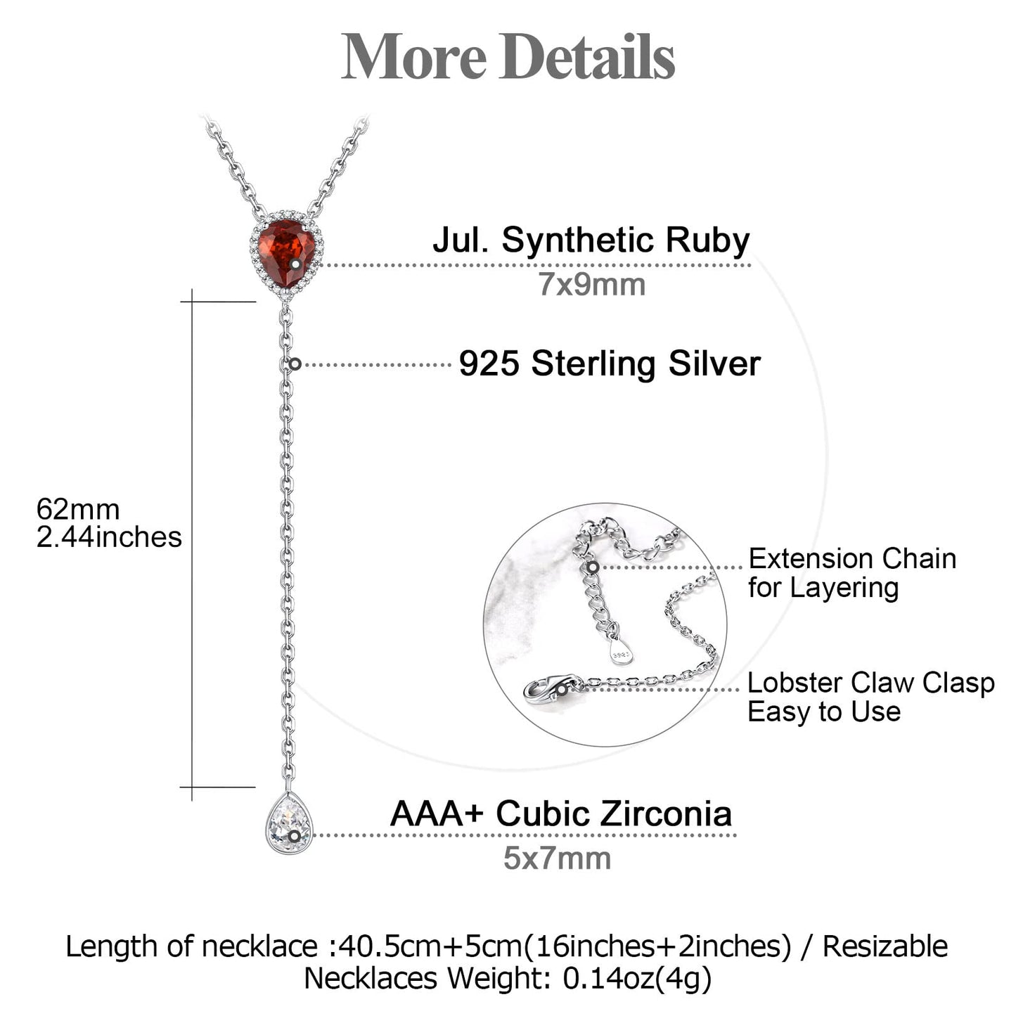 FOCALOOK 925 Sterling Silver Pear Birthstone Pendant Necklace for July Women Simulated Ruby Birthday Jewelry Adjustable