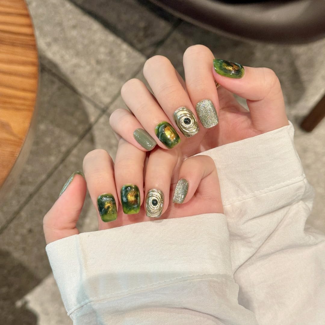 Light Luxury Handmade Green Marble Effect Press-On Nails, Reusable Glitter Artificial Nail Art Set with Gold Wire Design, Salon Quality Manicure Kit (S)