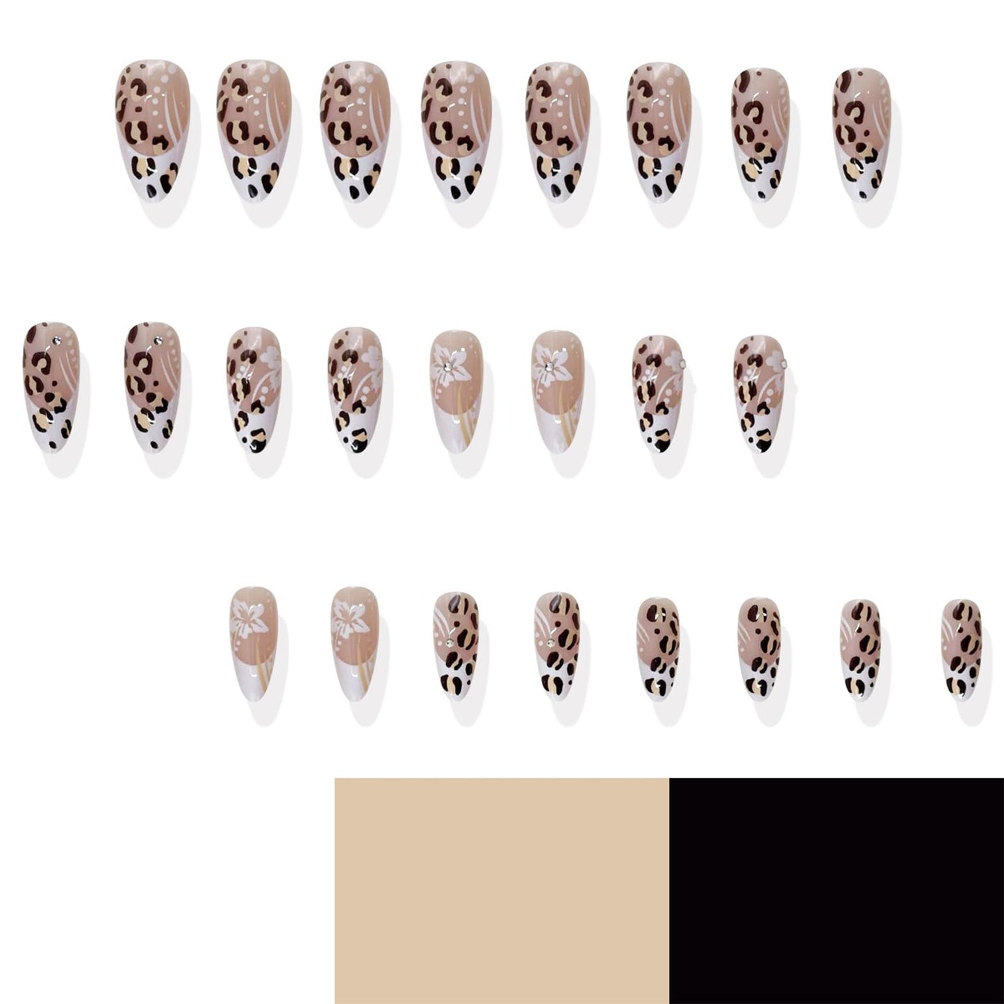 IMSOHOT Press on Nails Almond Medium Fake Nails White French Tips False Nails with Leopard Print Design Flower Acrylic Nail Supplies Glossy Full Cover Glue on Nails for Women 24Pcs