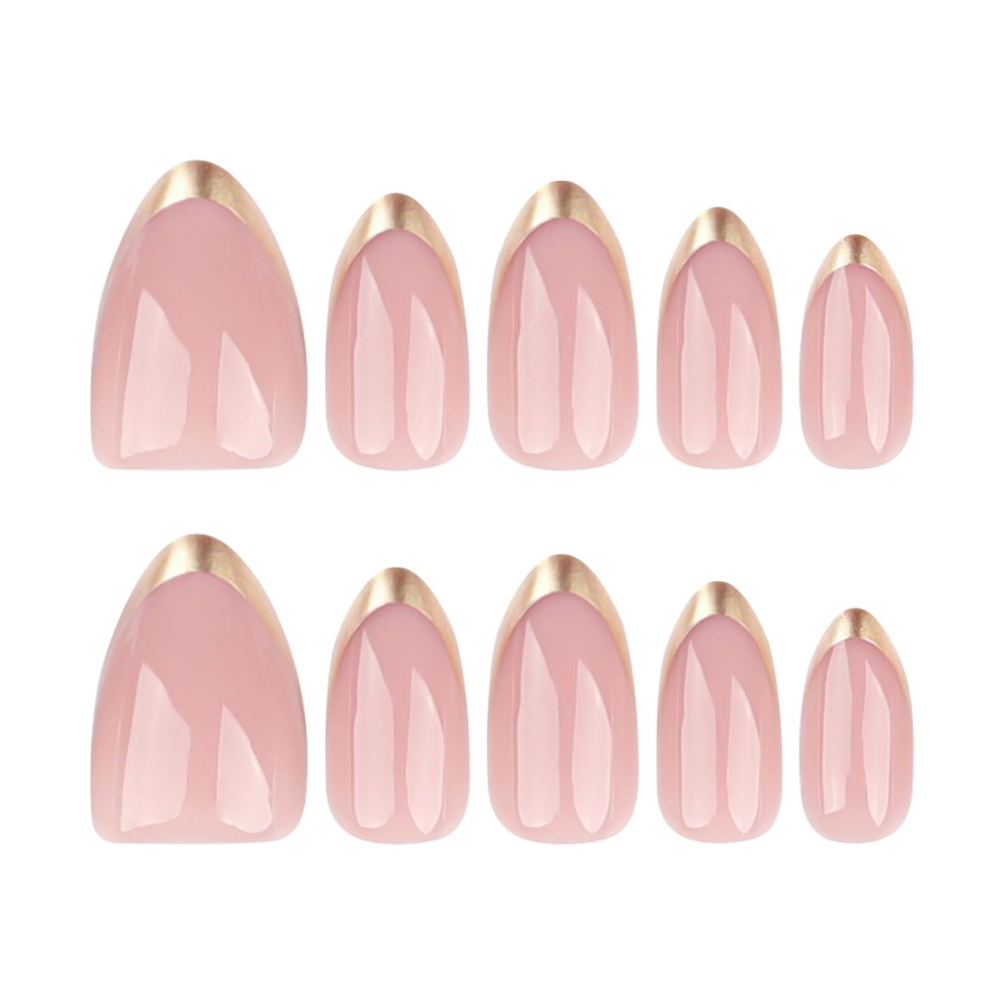 French Press on Nails Almond Fake Nails with Designs Glitter Gold Stick on Nail Cute Medium Acrylic False Nail Nude Pink Artificial Nail Press ons Glossy Full Cover Glue on Nails for Women