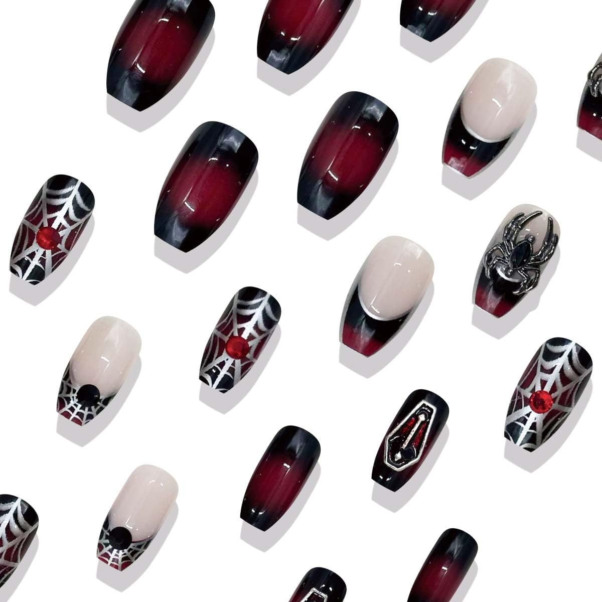 Spider Halloween Press on Nails Medium Coffin Fake Nails Goth Nails Press ons for Women Halloween ManicureReusable Artificial Nail Full Cover Glossy Glue on Nail Stick on Nails 24 Pcs