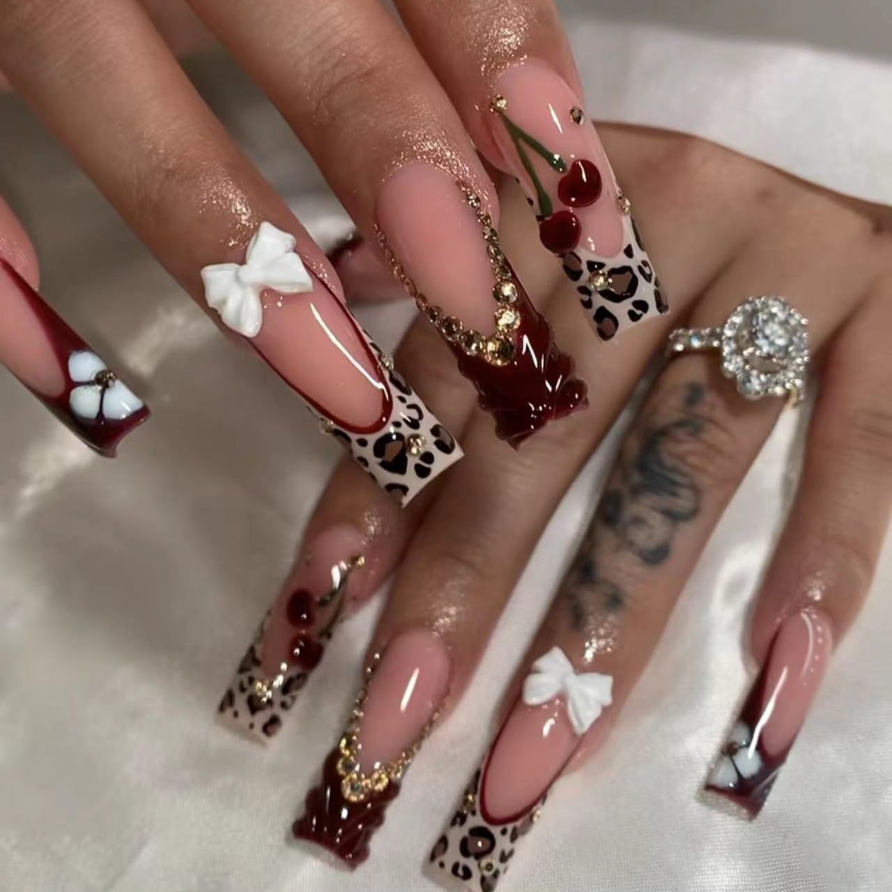 Long Press on Nails Square Fake Nails Brown Artificial Nail White Bow and Red Cherry Designs Rhinestones Stick on Nail for Women 24pcs