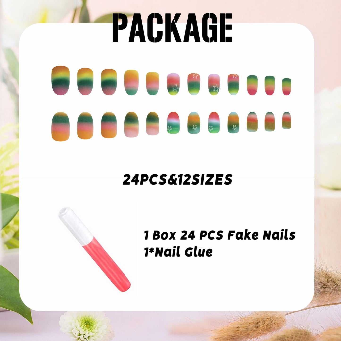 IMSOHOT Rainbow Press on Nails Short Oval Fake Nails Colorful Gradient Matte Acrylic Round False Nails Full Cover Glue on Nails for Women Girls Y2K DIY Nail Manicure 24Pcs