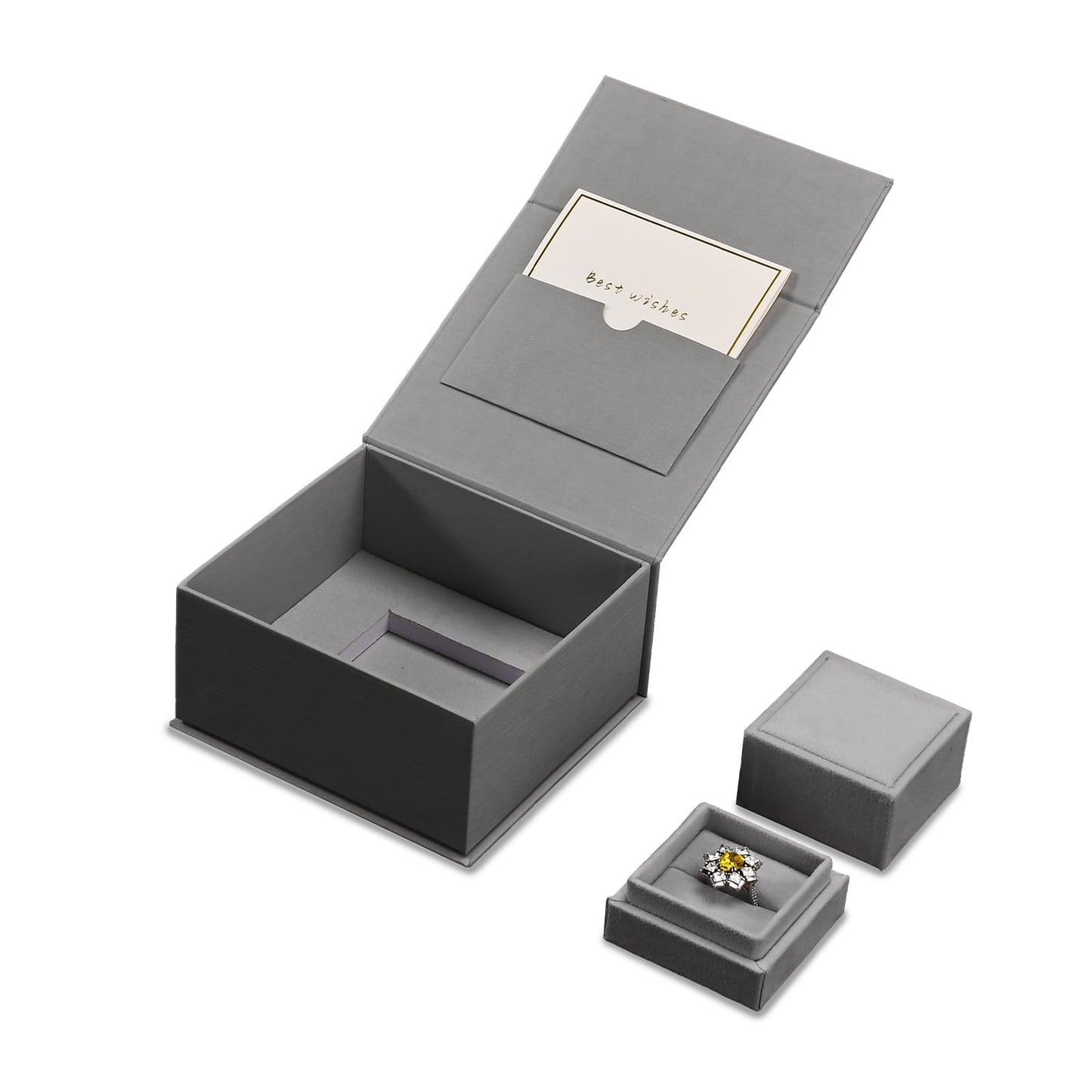 Papten Velvet Ring Gift Box with Outer Packaging Box, Included Blank Greeting Card, Perfect for Wedding Proposal Engagement (Grey)