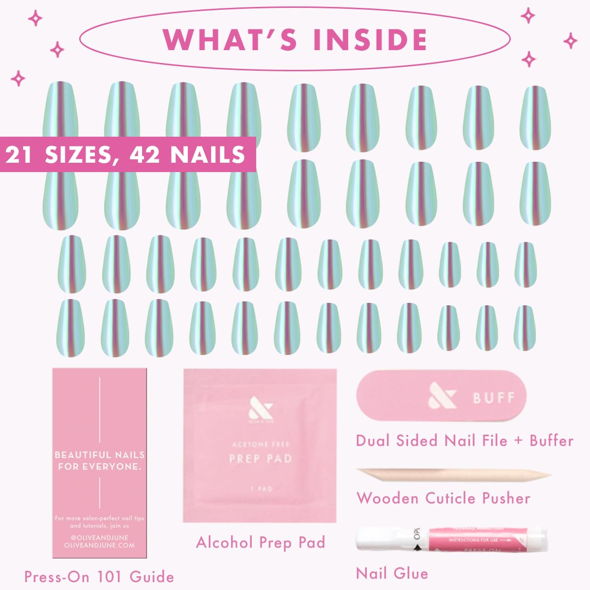 Olive & June Maximalist Instant Mani Press-On Nails (Glue) | 42 Fake Nails, 21 Sizes | Non-Toxic, Long-Lasting Big, Bold Gorgeous Realistic Look | Salon-Quality | Medium, Coffin | Teal Glass Chrome