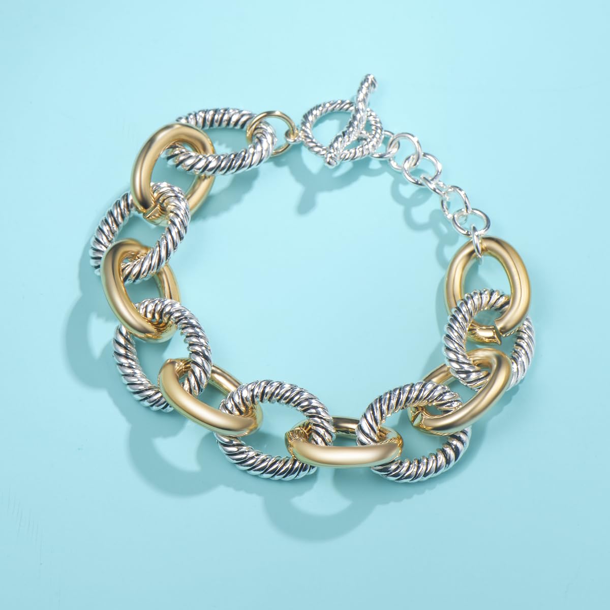 UNY JEWEL Bold Statement Cable Link Bracelet Oversized Round Two Tone Twisted Wire Chain Designer Inspired Fashion Jewelry for Women (Bold Statement Two Tone)