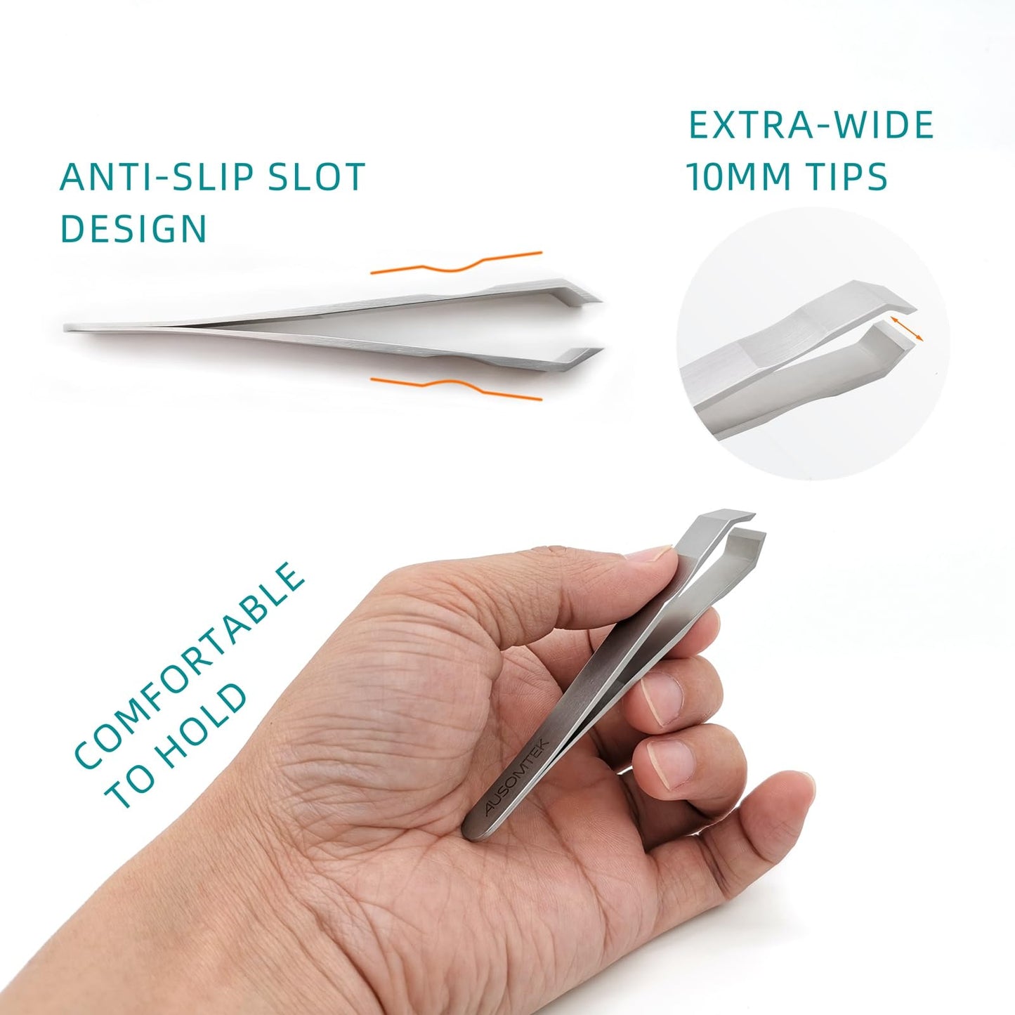 AUSOMTEK Beard & Hair Plucking Tweezers, Fine Eyebrow Tool, Stainless Steel, 10mm Tip, Anti-Slip Slot Design, Cyan PU Case