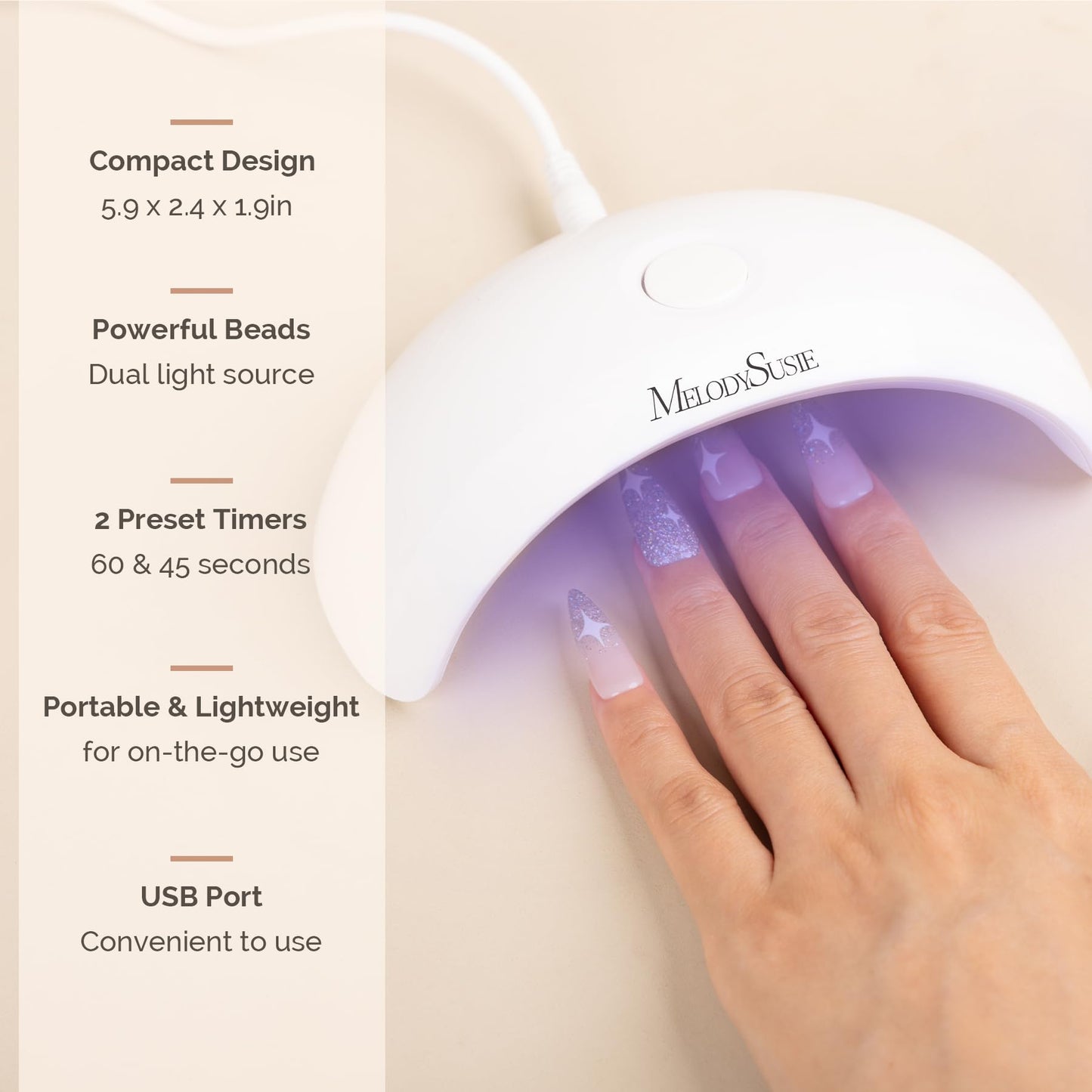 MelodySusie 3Pcs Acrylic Nail Brush Set with Portable UV LED Nail Lamp for Semi Cured Gel Nail Strips