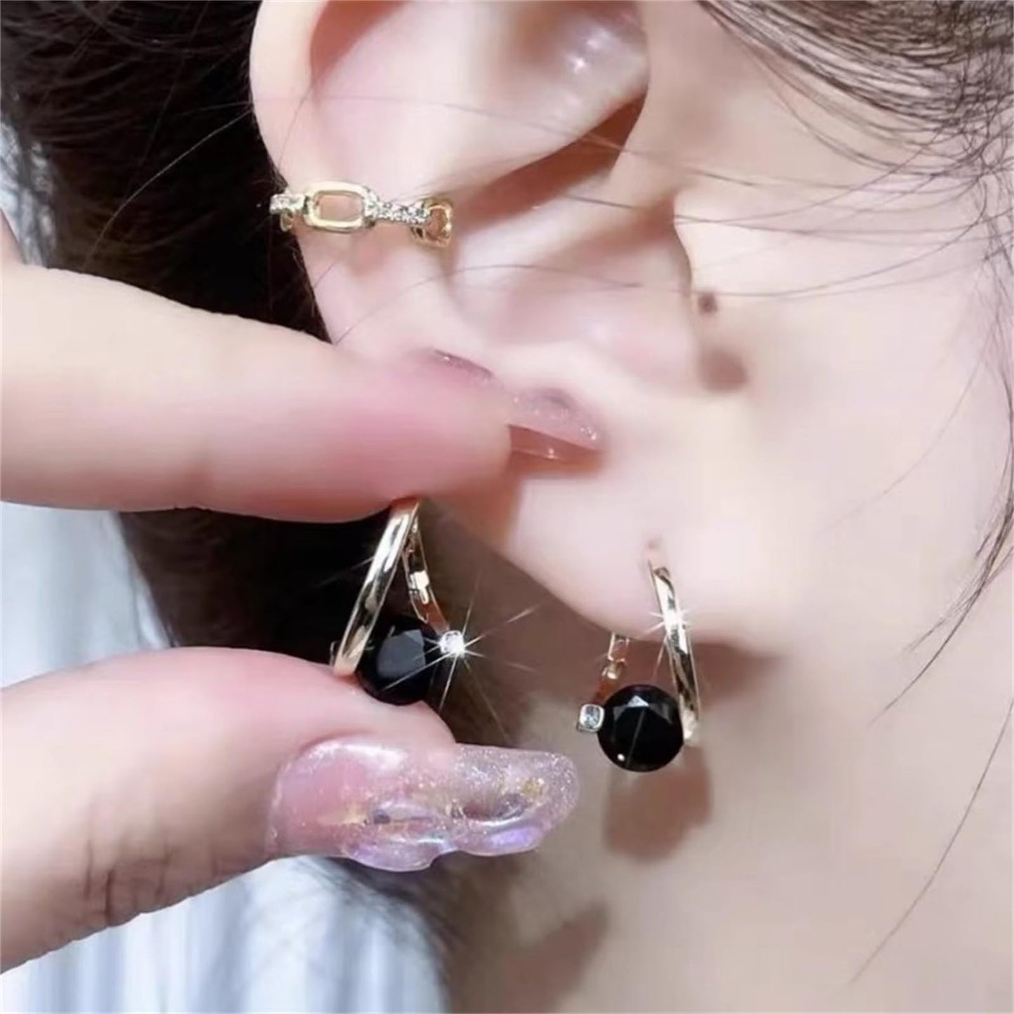 Lymphvity Germanium Crystal Ball Hoop Earrings Gold Silver Plated Unique Colorful Ball Sparkle Rhinestone CZ Lucky Round Circle Dangle Hoop Earrings for Women Minimalist Lymphatic Drainage Jewelry Gifts (Black)