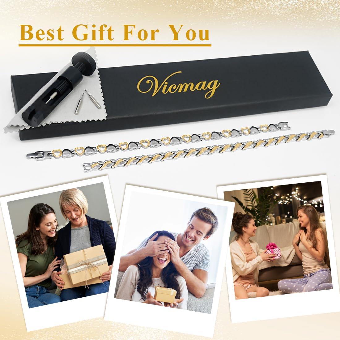 Vicmag Magnetic Bracelets for Women Titanium Steel Bracelet Strong Magnets with Adjustment Tool & Present Box (Silver Gold Fishtail & Love)