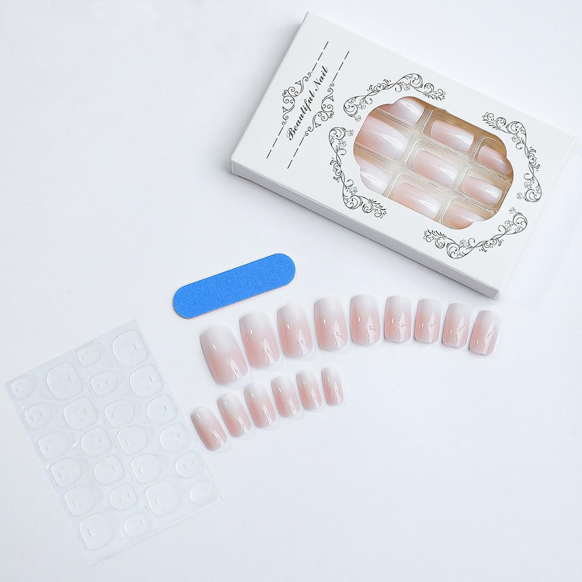 Square Press on Nails Medium Ombre Fake Nails Nude Pink Gradient Acrylic Nails with Glossy Nature Designs Artificial False Nails for Women Manicure Nails Decoration 24Pcs