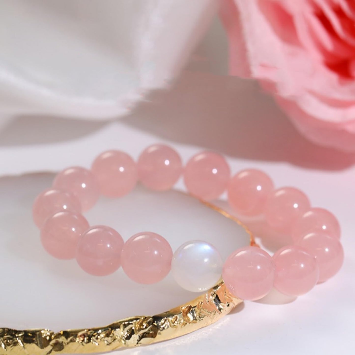 Pink Crystal Bracelets, 8mm Gemstone Bracelet Love Stone, Rose Stone Healing Crystal,Soothe Anxiety, Meditate, Relax, Enhance Emotional and Romantic Atmosphere (White moonligh pink, One Size)