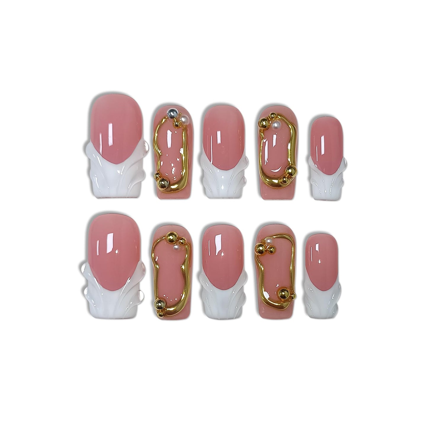 TENPAL Sheer Handmade French Tips Press on Nails Long Square 3D Embossed White Tip Nude Pink Fake Nails for Parties Daily Modern Minimalist Glossy False Nails for Women Gifts 10pcs(S)