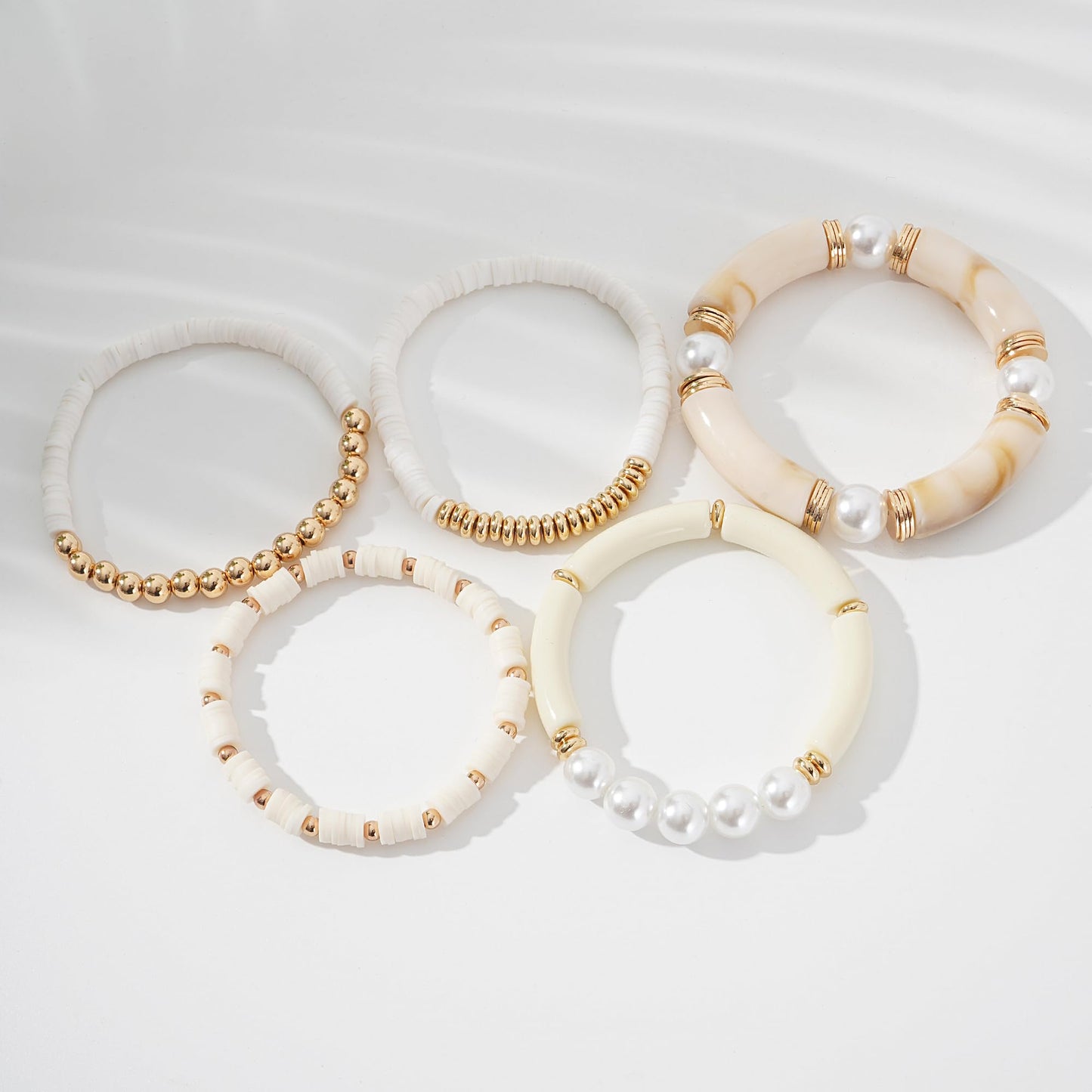 GOOJIDS Simple Beaded Gold Plated Bangles Bracelet Chunky Bamboo Tube Curved Stacking Clear Acrylic Colorful Beads Stretchable Gold Plated Bracelets Set For Women
