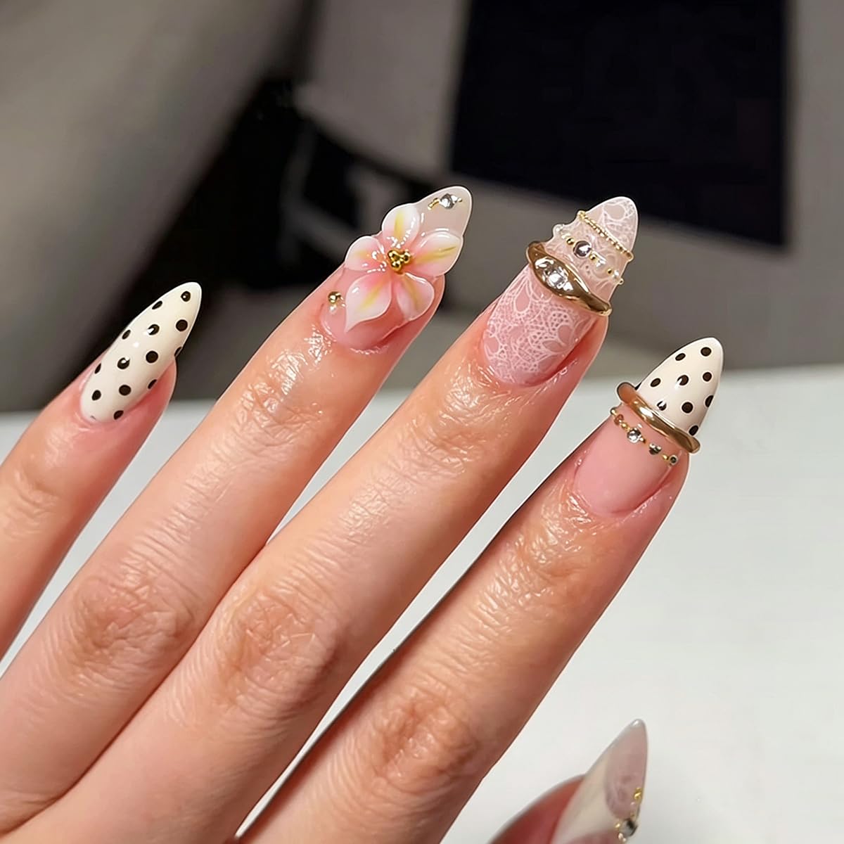 Medium Almond Press on Nails 3D Flower Fake Nails with Lace, Gold Rings Charms Polka Dot False Nails Press ons Full Cover Glossy Stick on Nails for Women Manicure Kit 24Pcs