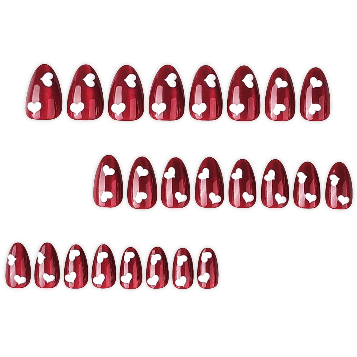 Valentine’s Day Press on Nails Medium Almond Fake Nails Burgundy Nails Press ons with Heart Design for Women