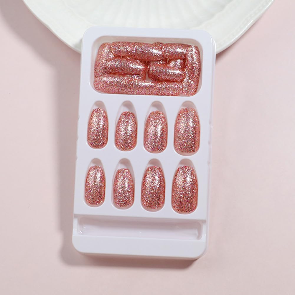 Hrnsnails Short Press On Nails Coffin Fake Nails with Pink Glitte Nail Press Ons Design, Artificial False Nails Press On Nail Kit Sparkly Stick On Nails for Women