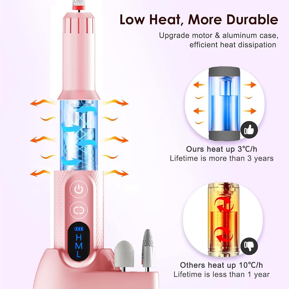 Pinkiou Cordless Electric Nail Drill-20000RPM Professional Efile Nail Machine with Wireless Charging Base, Portable Rechargeable Nail File Kit for Acrylic, Gel Nails, Manicure & Pedicure at Home(Pink)