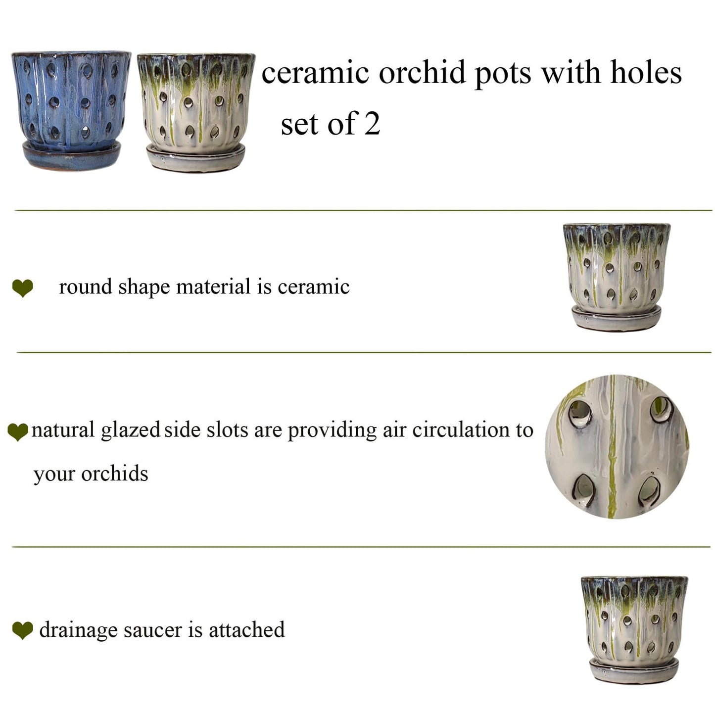 Grdthzey Orchid Pots 4.9 inch Round Ceramic Orchid Pots with Holes Set of 2 (SkyBlue+White with Lemon Green)