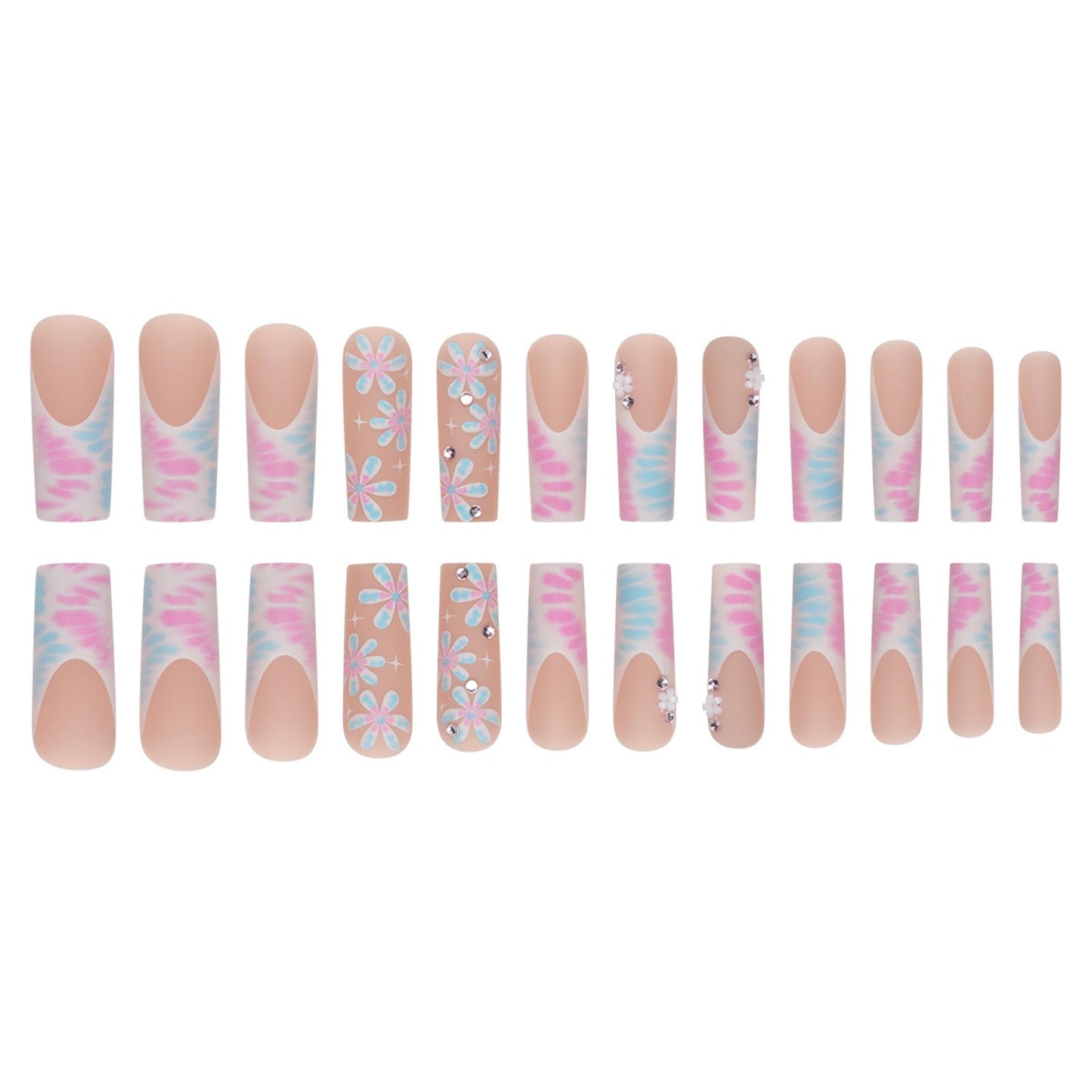 Press on Nails Extra Long - Aegenacess Square Press On Nails with Flowers and Rhinestones, Nude White Matte Fake Nails with Glue Sticker, Handmade 24 pcs Stick On Nails False Nail in 12 Sizes