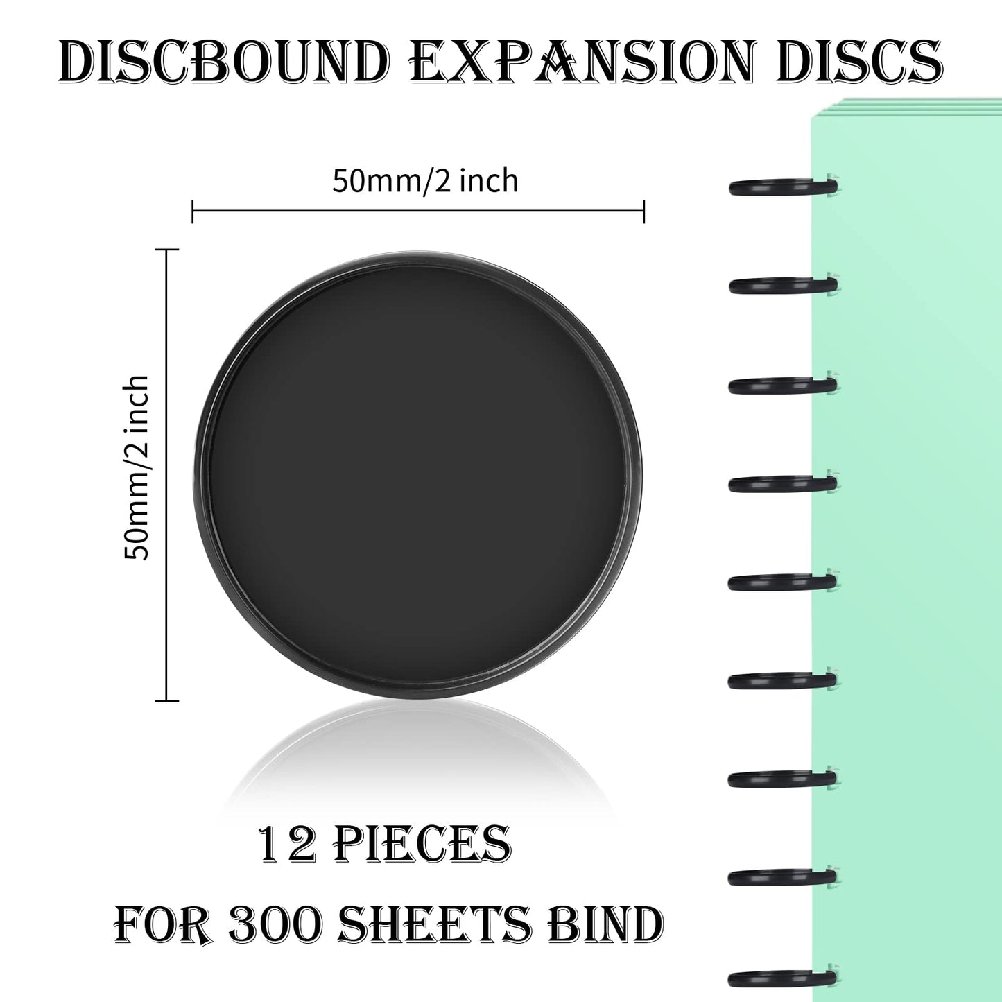 12-Piece 2-Inch Discbound Expansion Discs and Binder Rings - Large Black Plastic Book Binding Discs for DIY Notebooks and Scrapbooking Supplies