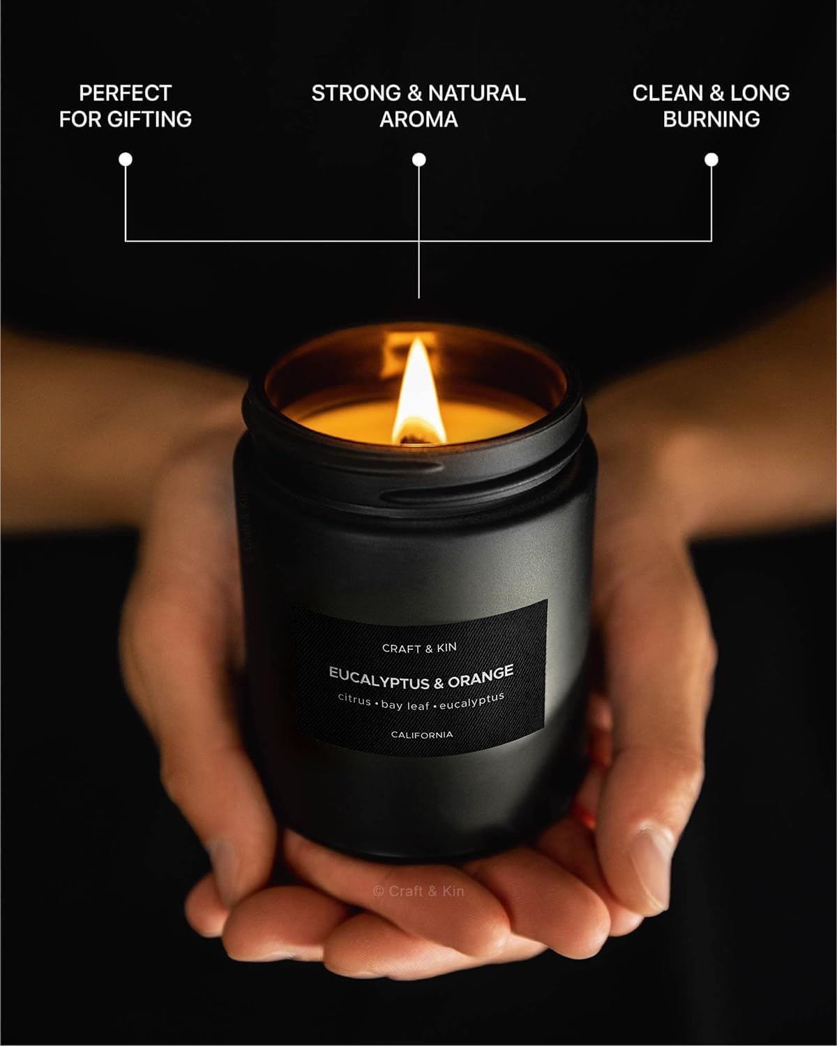 Craft & Kin Premium Orange & Eucalyptus Candle | Black Scented Candles for Home | Long Lasting with 45 Hour Burn Time, 7.6oz | Soy Candle | Aromatherapy at Home | Gifts for Men