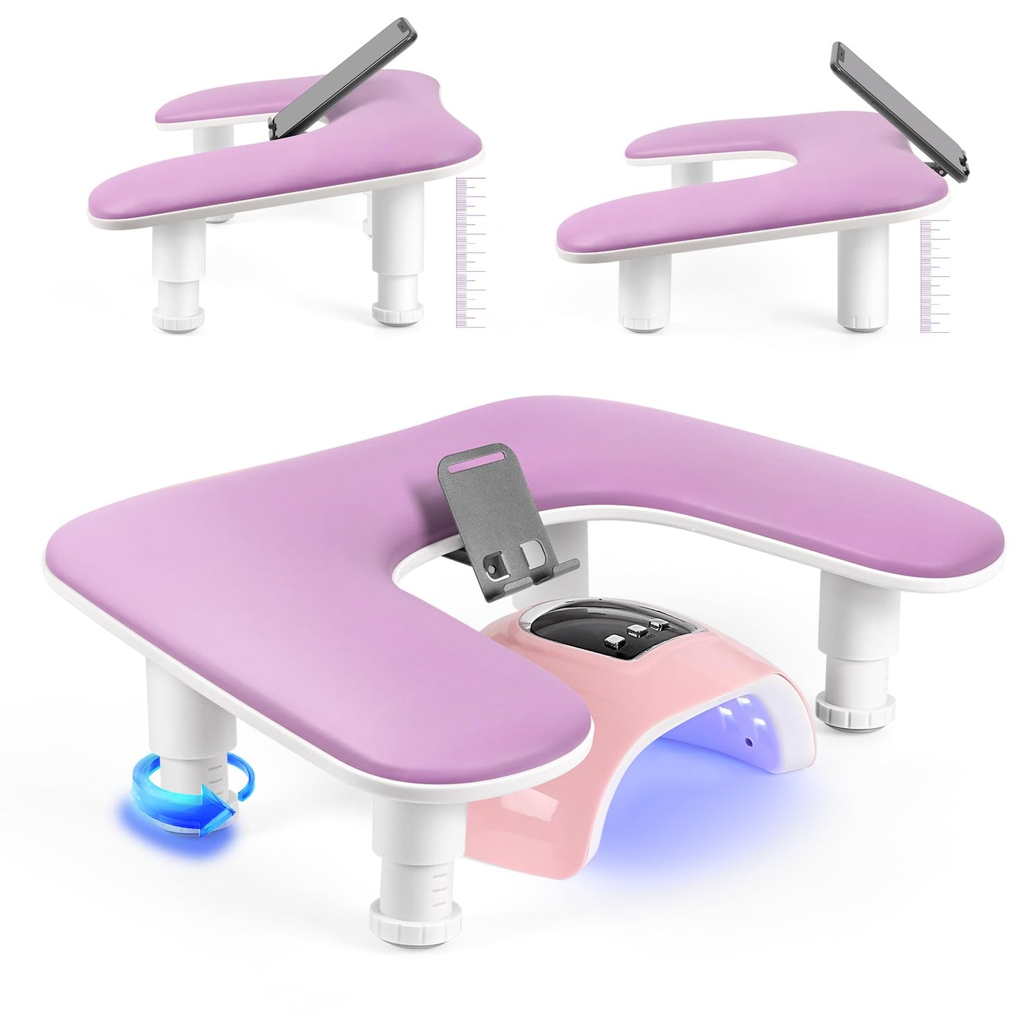 LIONVISON Arm Rest for Nails Tech: U Shaped Adjustable Height Ergonomic Nail Hand Rest Stand PU Leather with Rotating Phone Holder for Nail Salon Manicurist (Puprle)