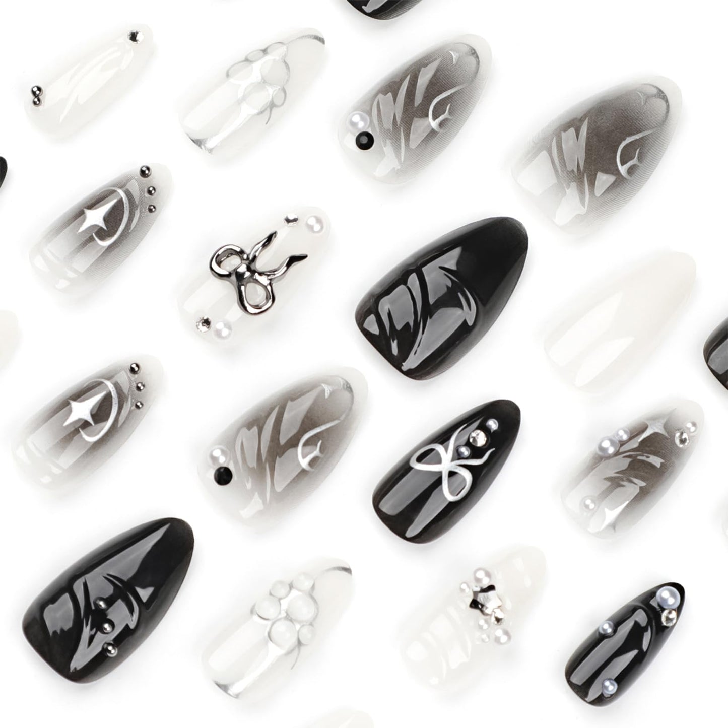 LBPEPAMZ Black Press on Nails Medium Almond Fake Nails with 3D Alloy Bow Pearl Designs Black Gradient Full Cover False Nail Water Drops Silver Star Glossy Acrylic Nails Stick on Nail for Women 24Pcs