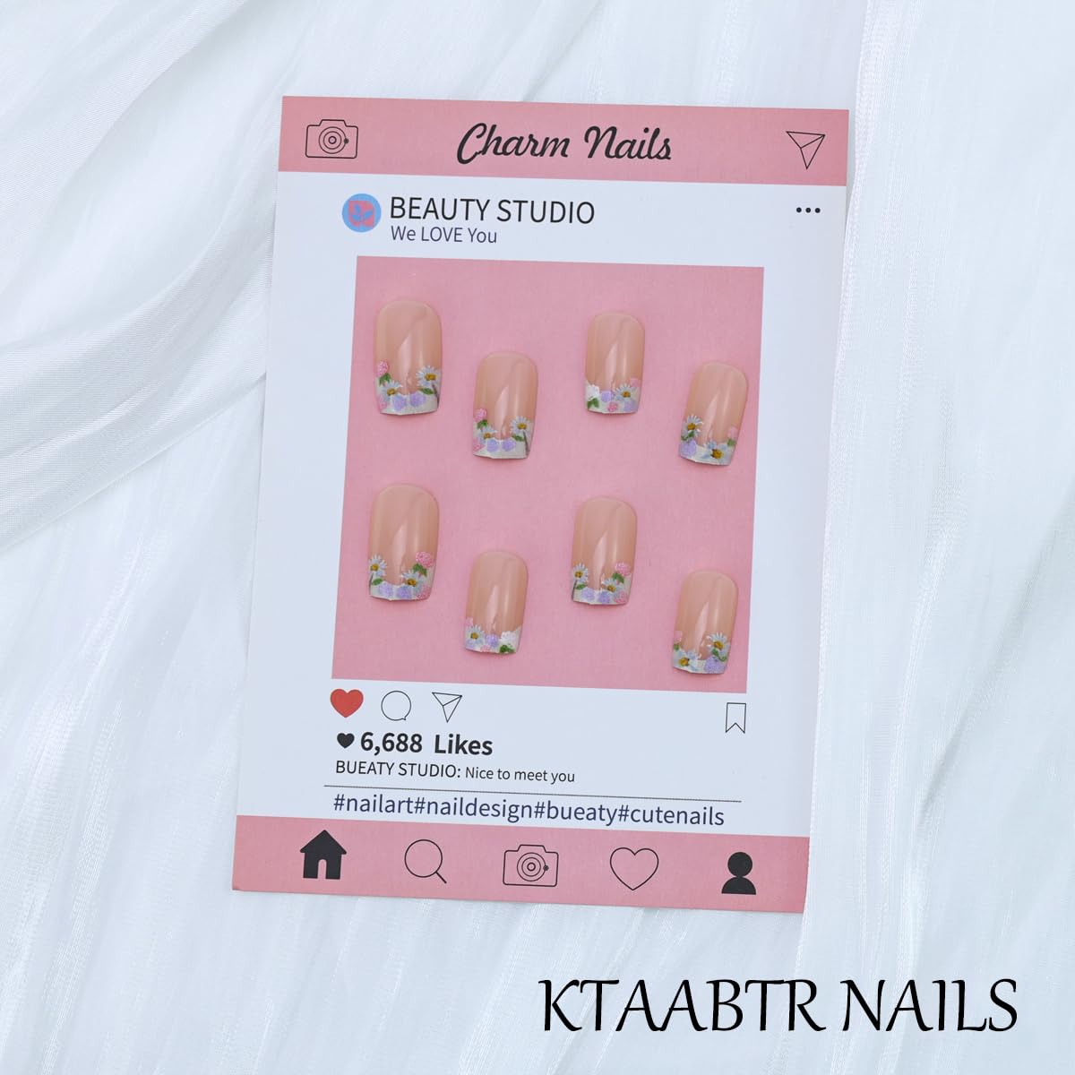 French Tip Press on Nails Short Square Spring Flower Fake Nails with Glue Nude Glossy Acrylic Nails Floral Stick on Nails Full Cover False Nails for Women Manicure 24PCS Reusable Artificial Nails