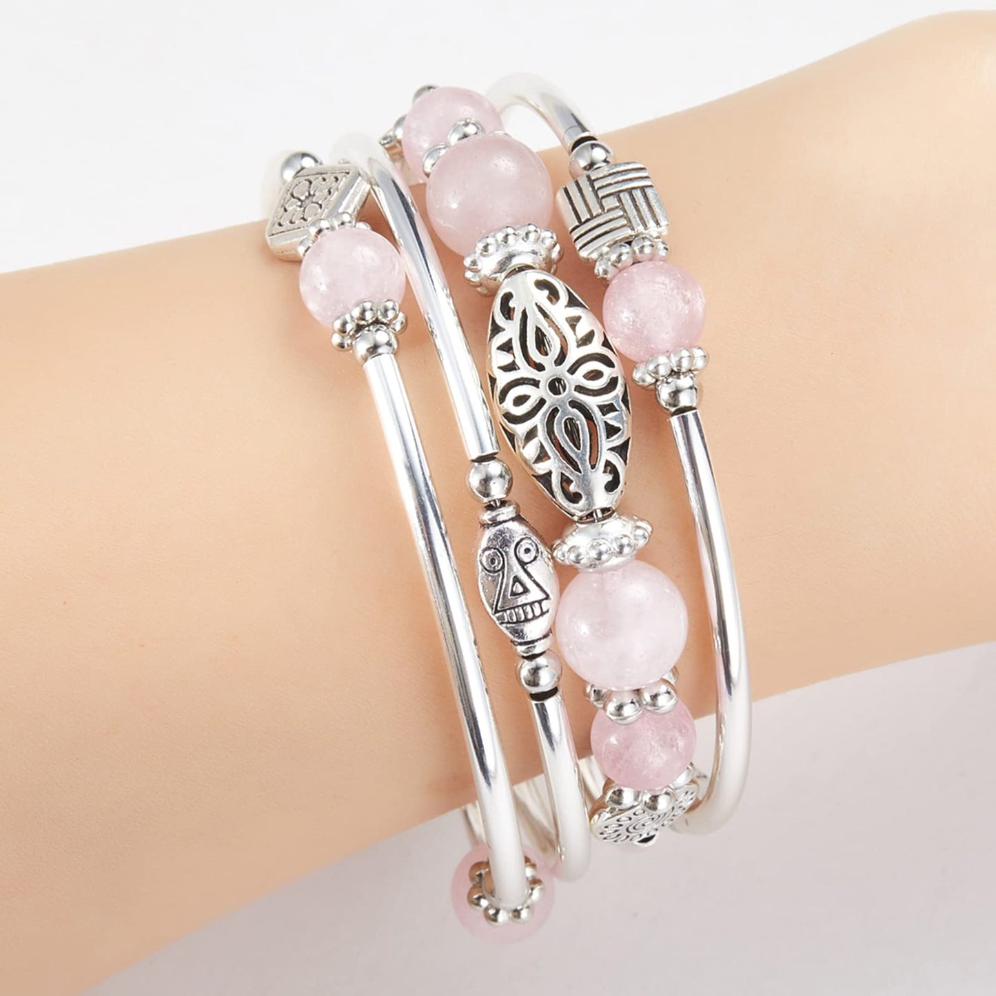 BULINLIN Layered Wrap Bangle Turquoise Bracelet - Bead Bracelet with Natural Agate Stone, Gifts For Women (03-Pink)