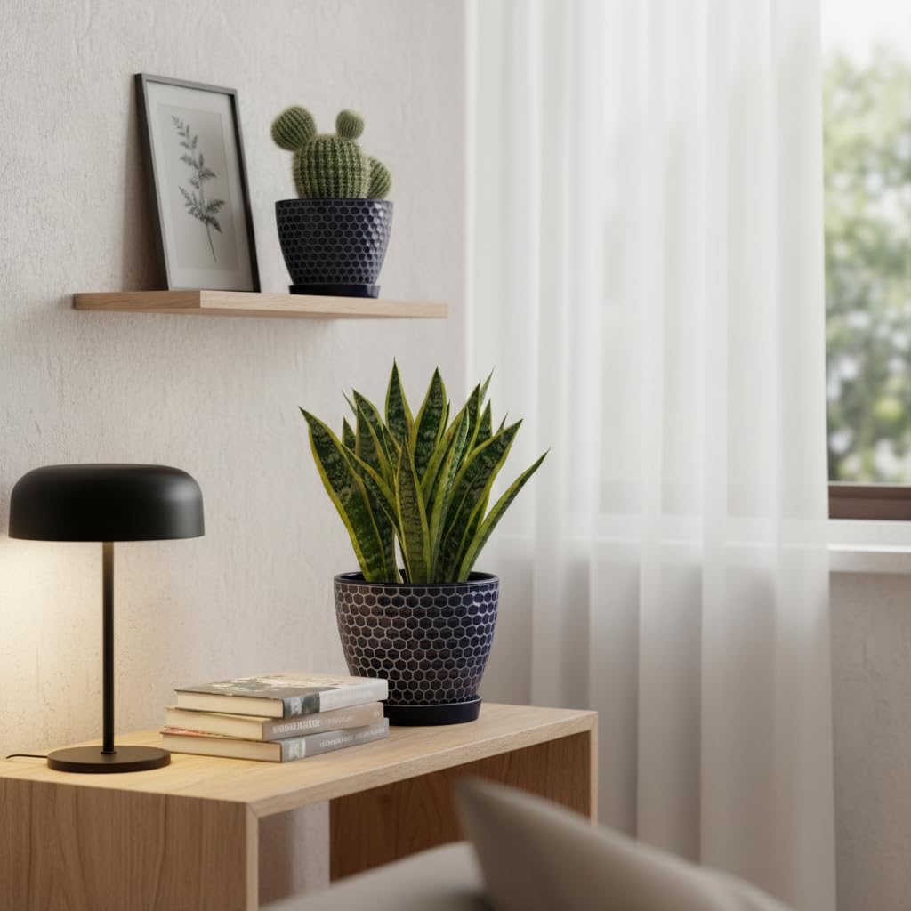 Docrin Blue Honeycomb Ceramic Plant Pot Set - 6.6"+5.5" Inch, Modern Decorative Planters with Drainage Holes & Saucers for Indoor/Outdoor Home Office