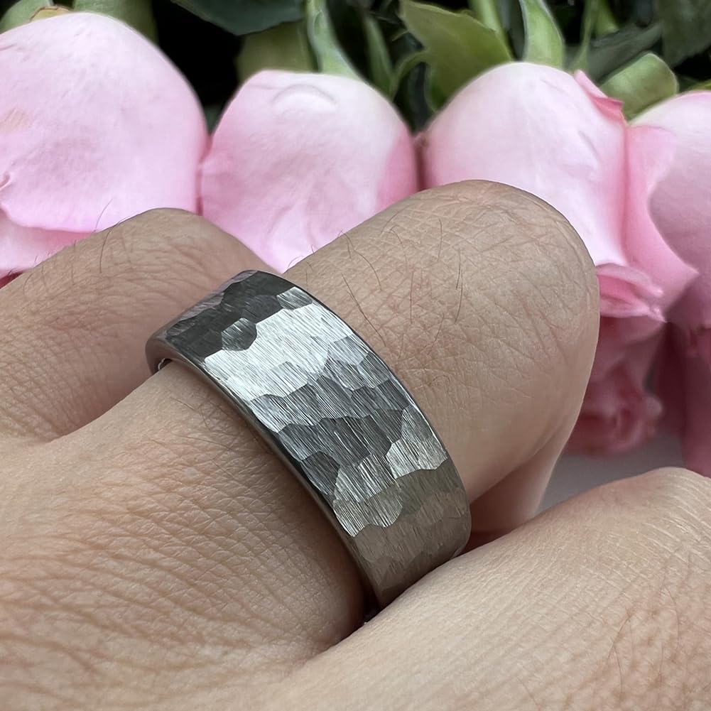 TUTISS 8mm Hammered Tungsten Carbide Rings for Men Women Fashion Engagement Wedding Bands Matte Finish I Love You Engraved Comfort Fit Size 10