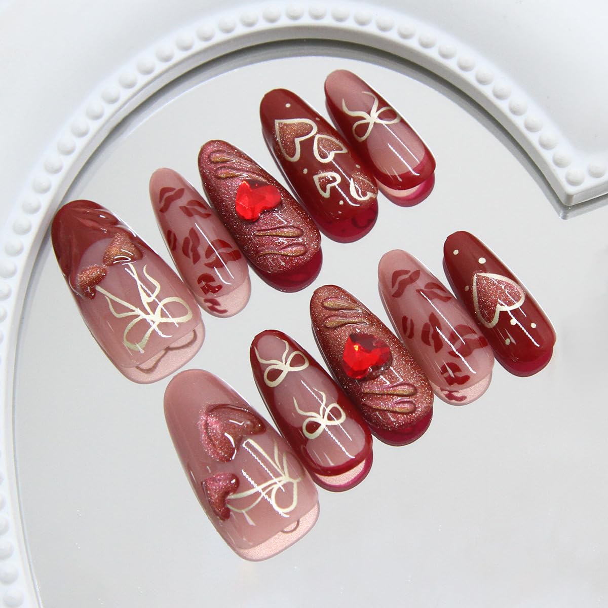 Mkwntg 30pcs Red Heart Press-On Nails with 3D Cherry Heart Rhinestones, Gold Bow Design, Full Cover, Easy Application, Valentines Nails