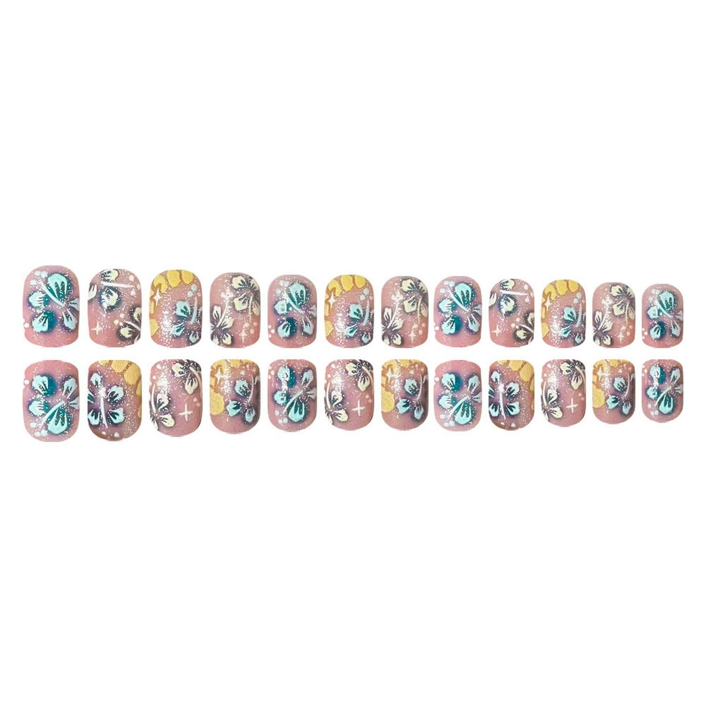 Extra Short Press on Nail Flower Fake Nail with Blue Floral designs Full Cover Glitter Press ones Cute Glue on Nails ReusableSummer False Nails for Women Beach Manicure24pcs
