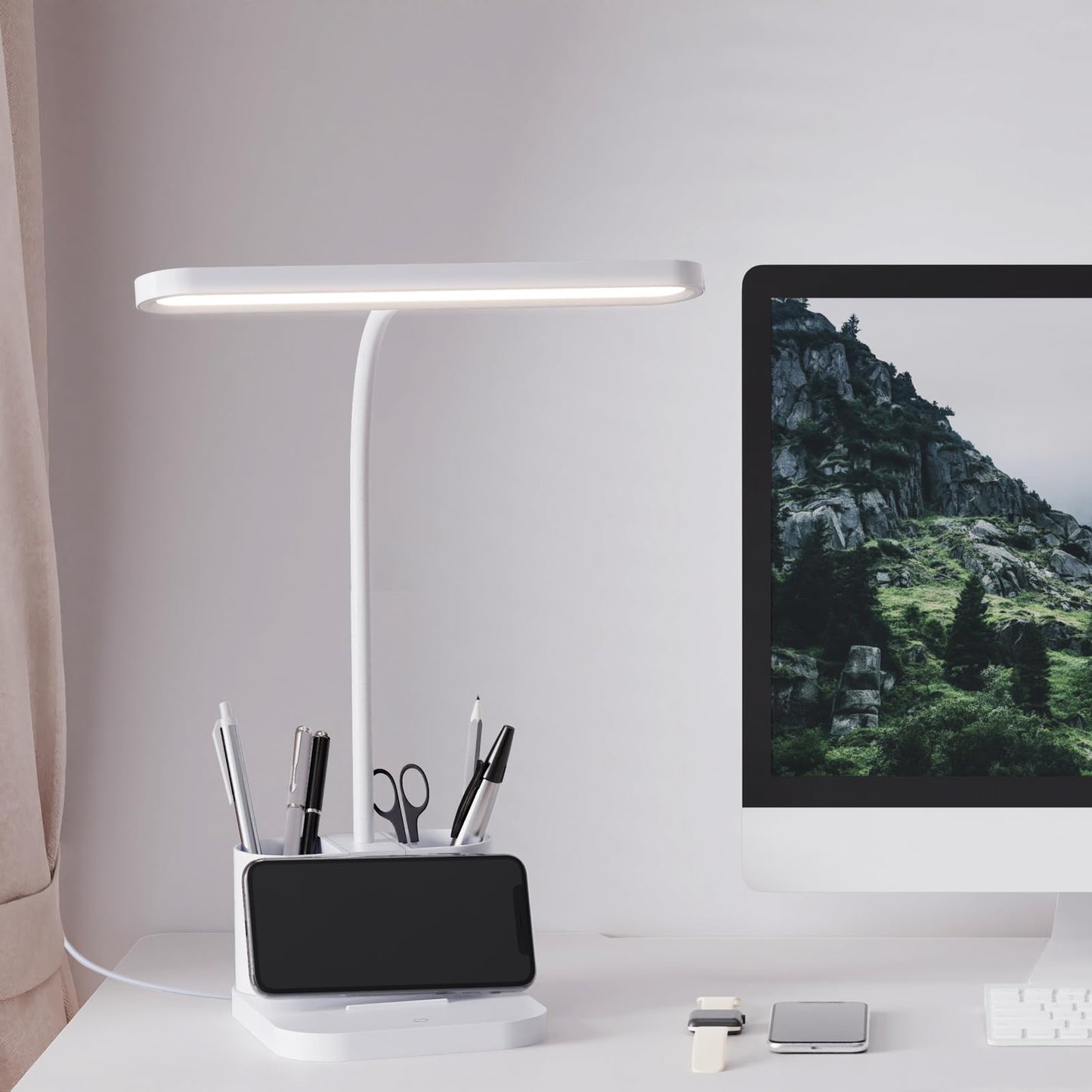 AXX White Desk Lamp for College Dorm Room, Cute, LED, Dimmable, Small, Pen Holder, Flexible Gooseneck, Touch Control, Table Lights for Home Office Bedrooms, School Essentials for Girls Guys