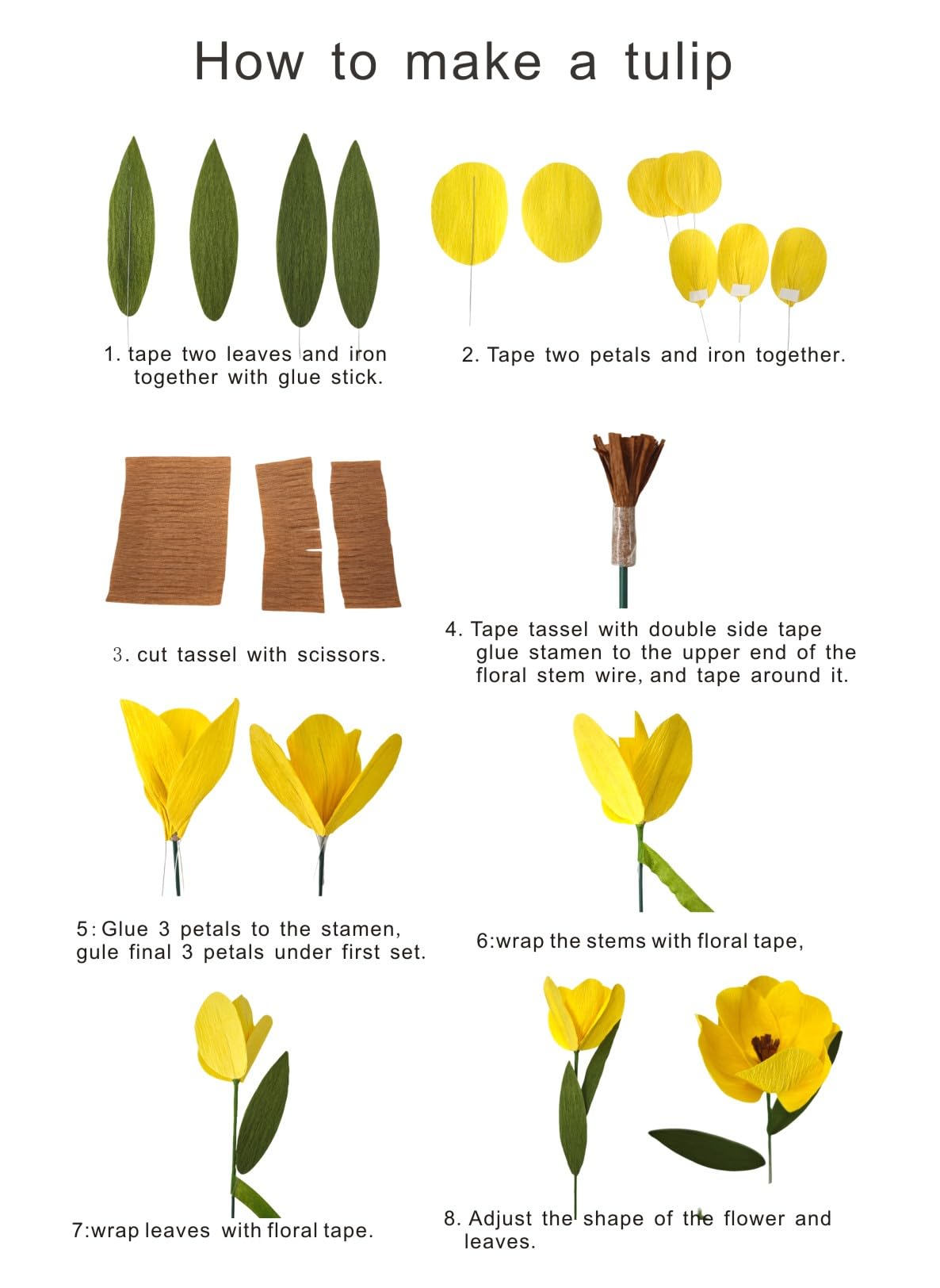 Yellow Crepe Paper Tulip Bouquet for Home Decor Table Centerpieces DIY Flower Making Kit with Floral Tape & 12 Wire Stems