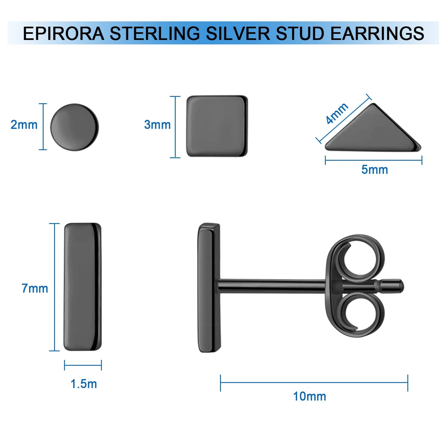 Sterling Silver Stud Earrings for Women Men- 4 Pairs of Hypoallergenic Simple Geometric Small Stud Earring Set Tiny Circle Triangle Square Bar Stud Earrings Mini Cartilage Tragus Earrings(Black Gold)