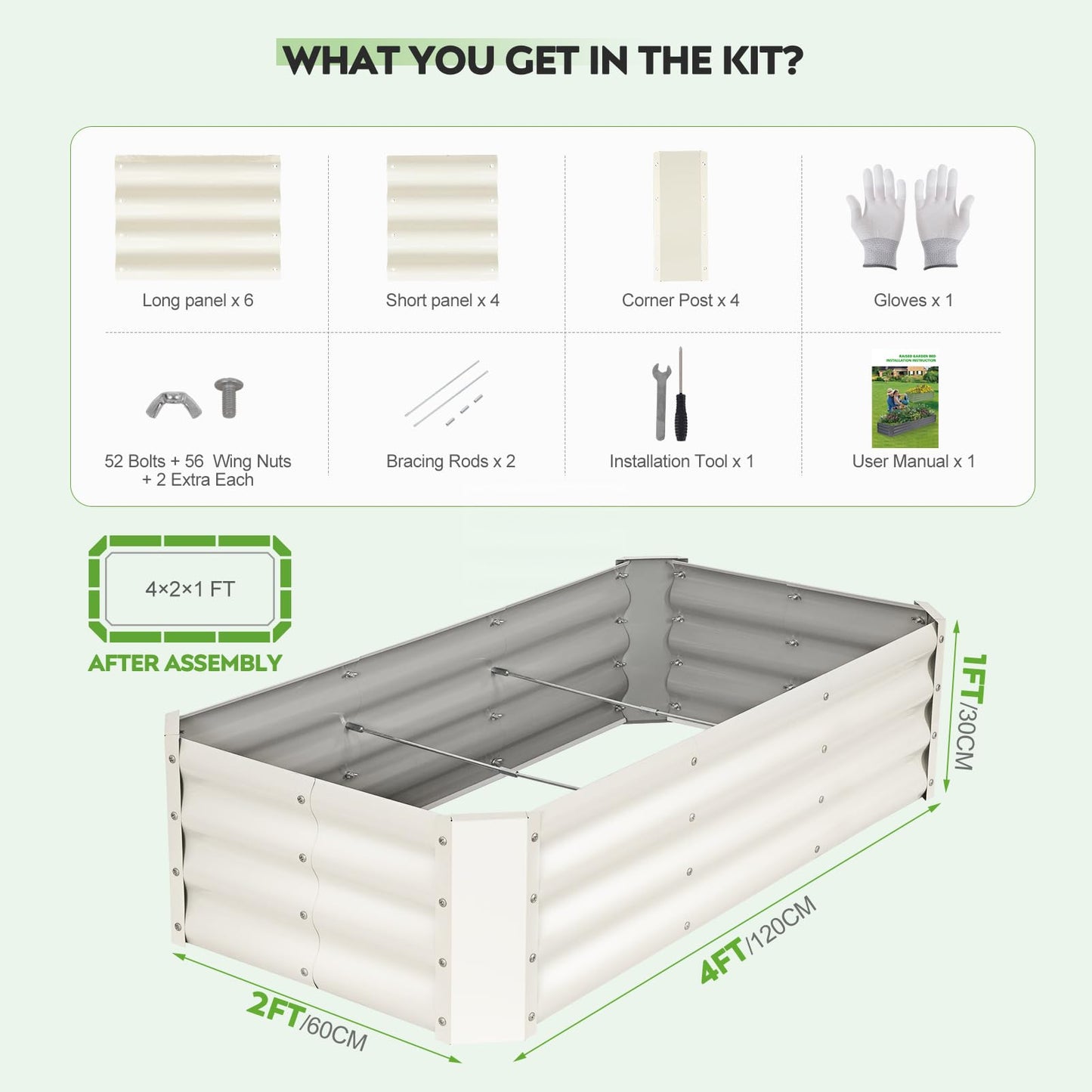 ZORMY 2 Pcs 4x2x1ft Galvanized Raised Garden Bed Outdoor, Metal Planter Boxes with Easy Assembly, Planter Raised Beds for Gardening, Flower, Plants, Vegetable, Herb - White