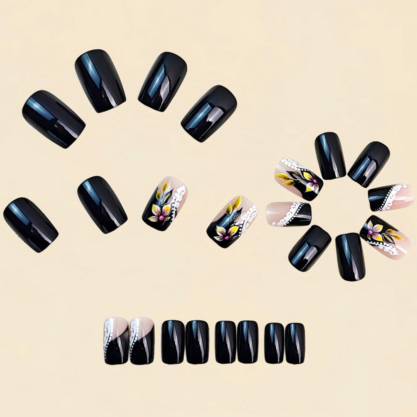 Medium Press on Nails Square Fake Nails with Yellow Flower White Lines Dot Designs Glossy Nails Press ons Black Full Cover Glue on Nails Cute Acrylic Nails Artificial Stick on Nails for Women 24Pcs