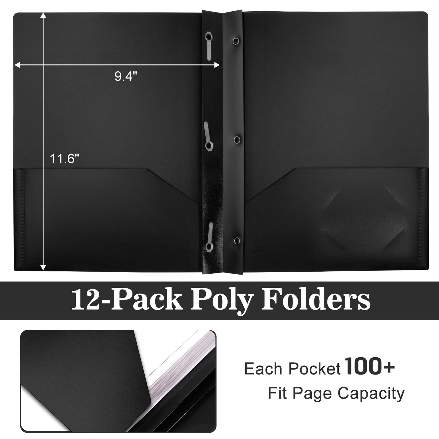 EEHZTSI 12-Pack Plastic Folders with Pockets and Prongs, 2-Pocket Poly Folders with 3 Fasteners Hold 8-1/2" x 11" Paper for School/Office/Home, Black
