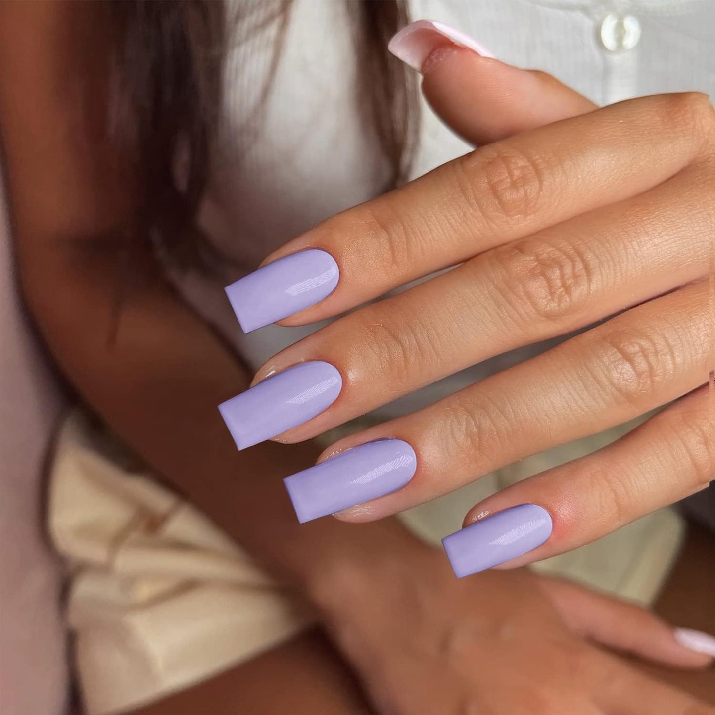 Lilac Press On Nails Medium Long Square, Xcreando Medium Coffin Nails Acrylic Press ons Glue on Nails Long Length, Solid Color Fake Nail for Women, Natural Thick Artificial Nail Stick on, Lavender
