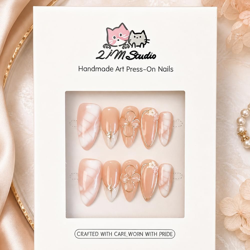 2IM Studio Handmade Press On Nails – 10 Piece Soft Gel Nail Kit with Glue & Tool Set, Reusable Artisan Nails, Salon-Quality Finish (Ivory Shell-M)