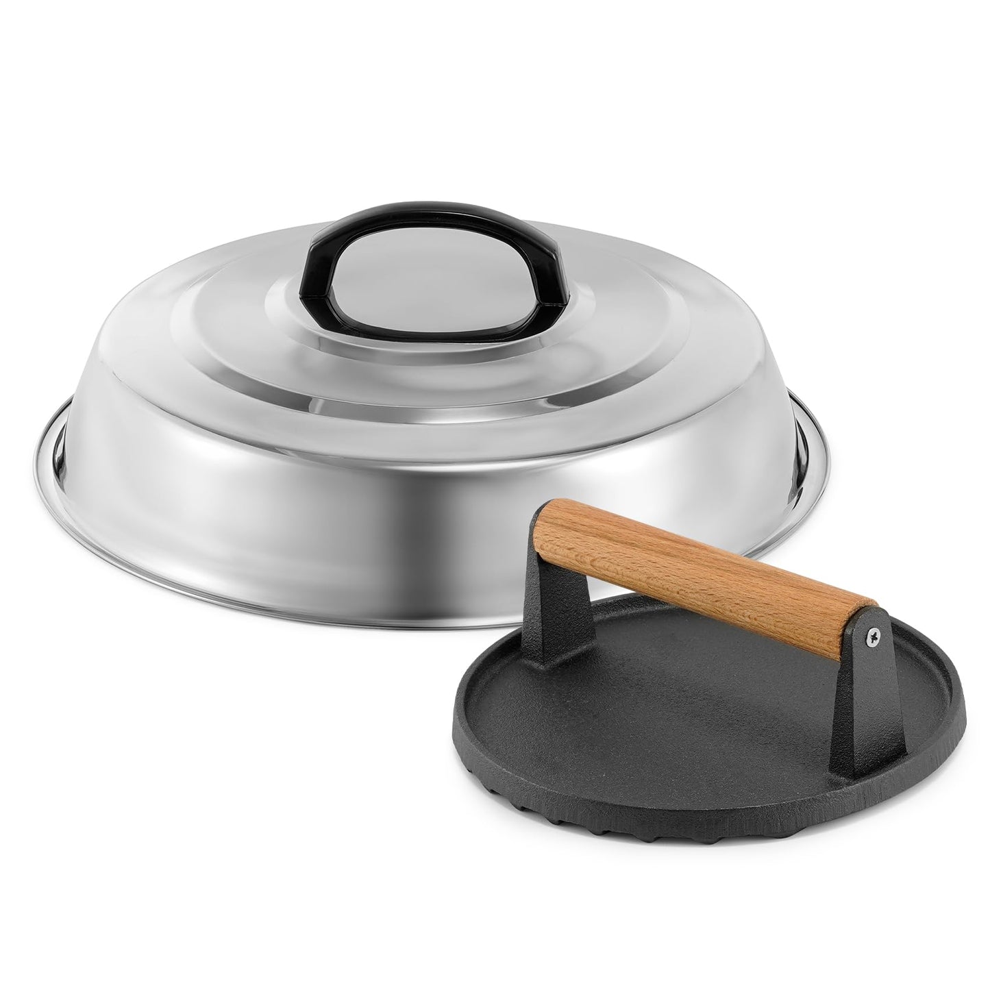 BBQ Accessories 12 Inch Round Stainless Steel Basting Cover - Cheese Melting Dome Round Cast Iron Grill Press Kit for Hamburger Bacon Steak, Best fits for Blackstone Camp Chef Flat Top Griddle Grill